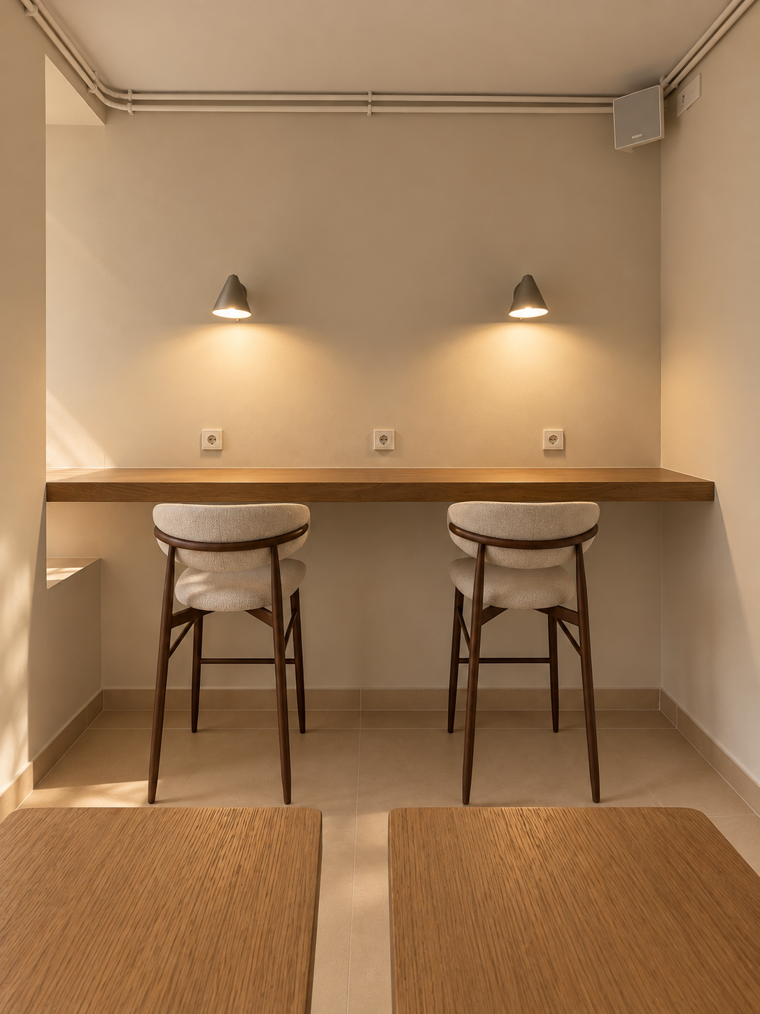 Barra de madera con taburetes altos, enchufes y puntos de luz individuales en el espacio de trabajo de CON·TEMPO
