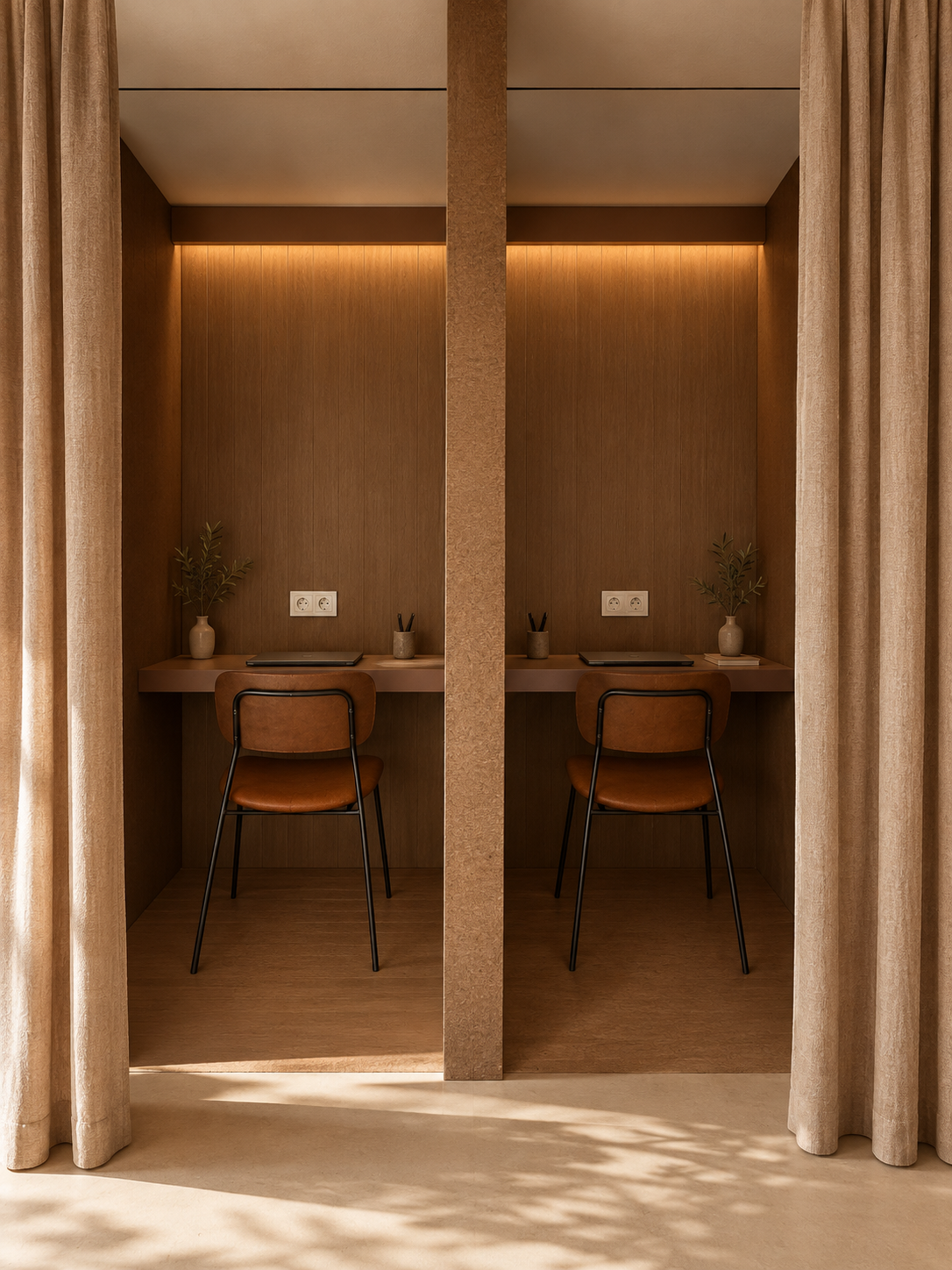 Puestos de trabajo individuales con cortinas insonorizadas y enchufes en el workspace de CON·TEMPO