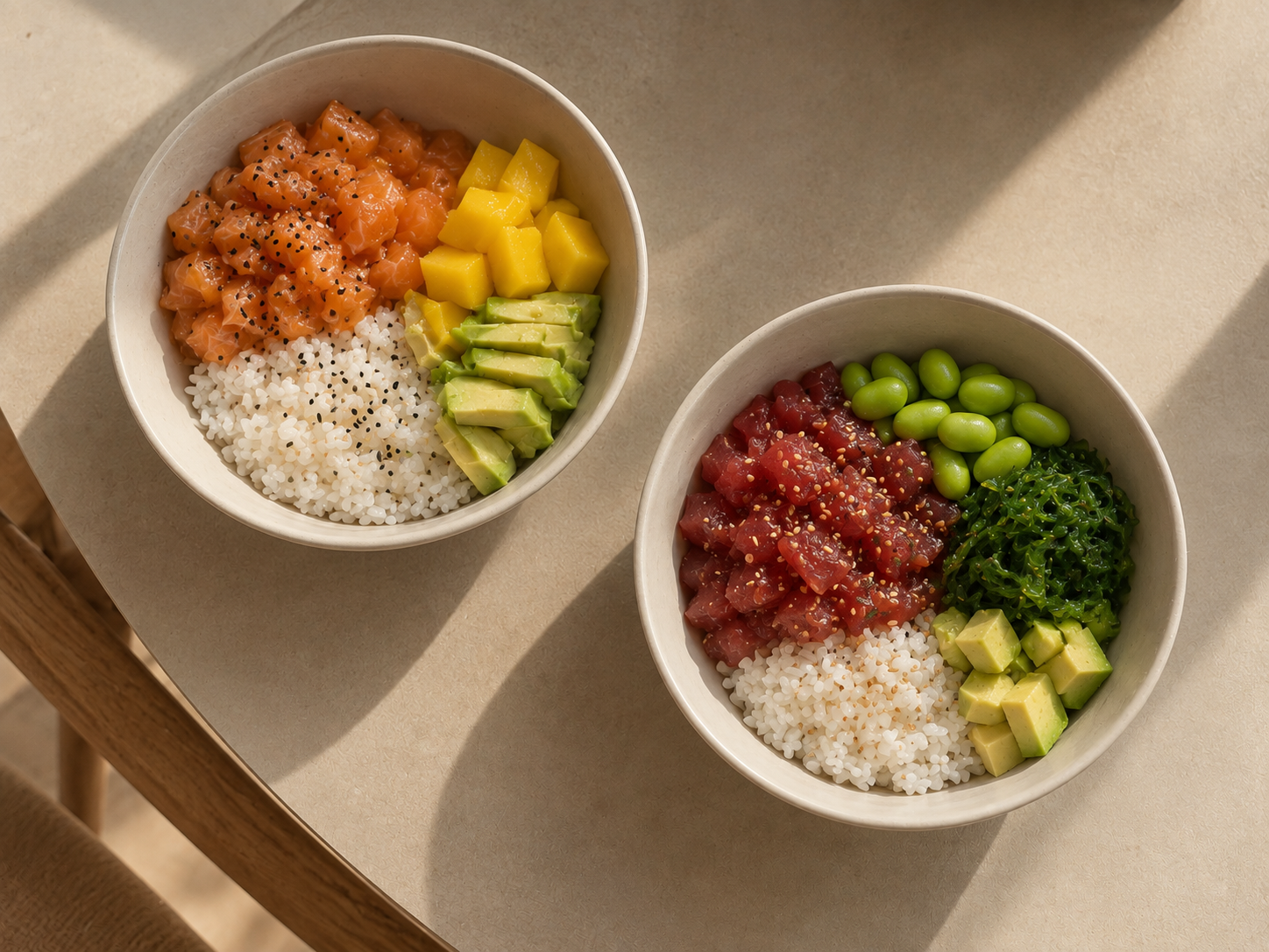 Dos bowls de poke saludable con salmón, atún, aguacate, mango y edamame en CON·TEMPO Madrid.